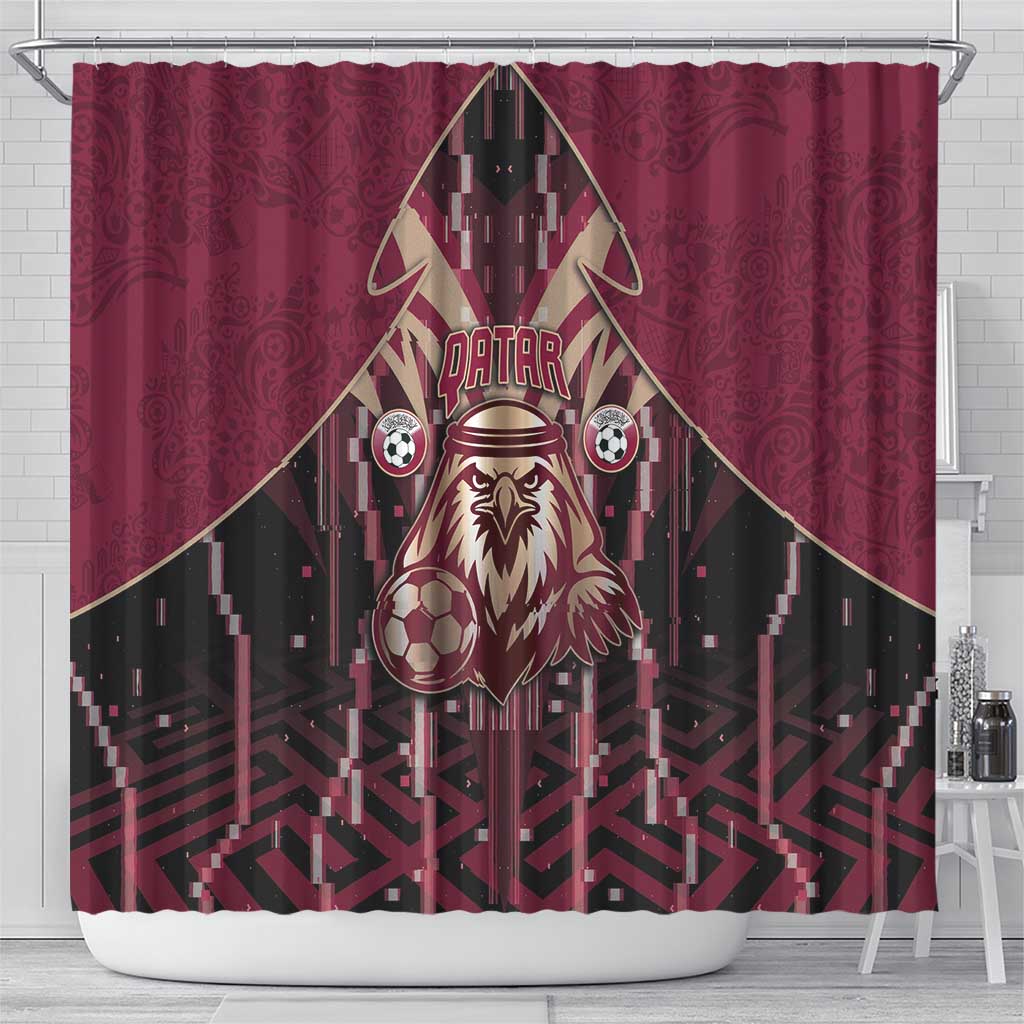 Qatar Football Shower Curtain Glitch Style Falcon With Arabic Patterns
