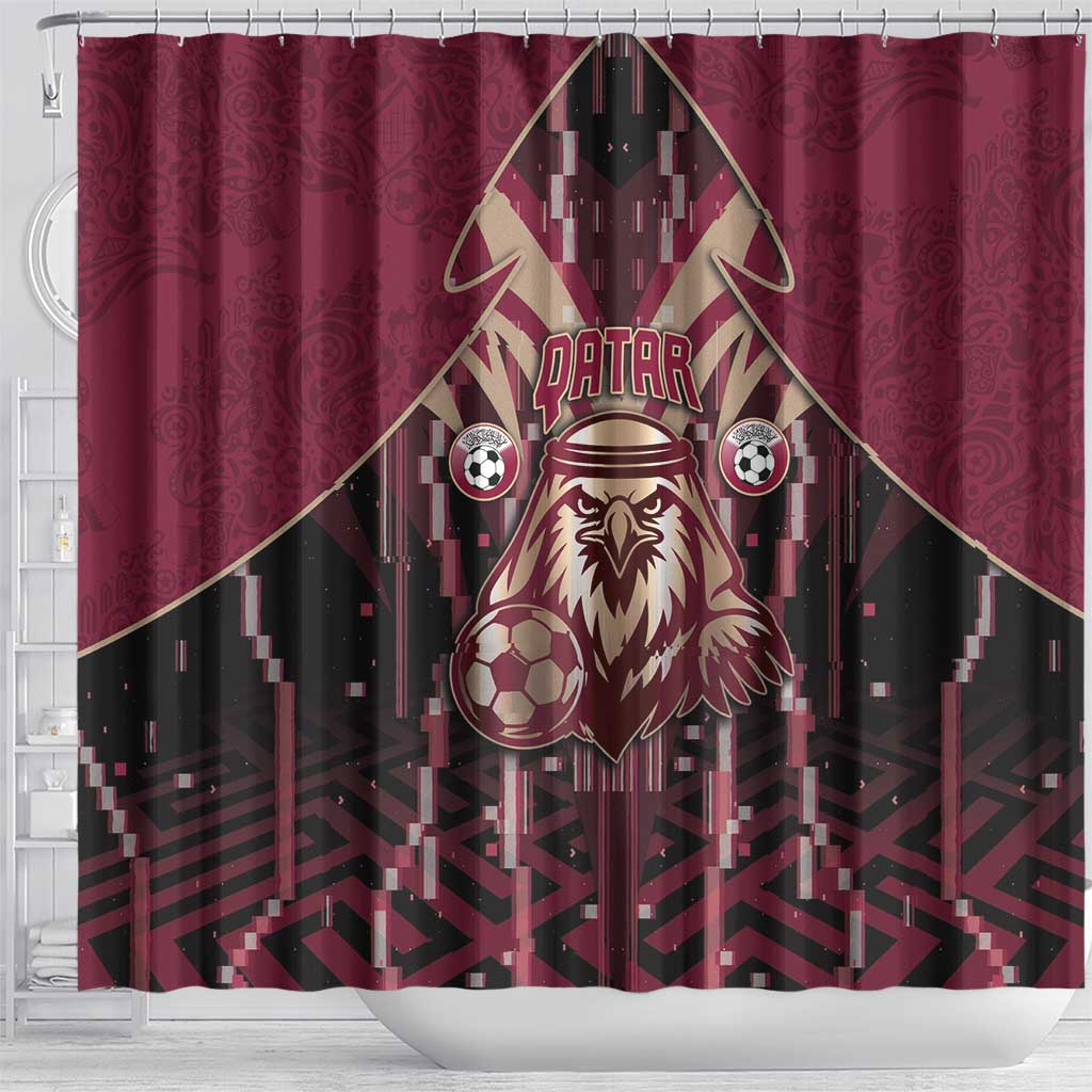 Qatar Football Shower Curtain Glitch Style Falcon With Arabic Patterns