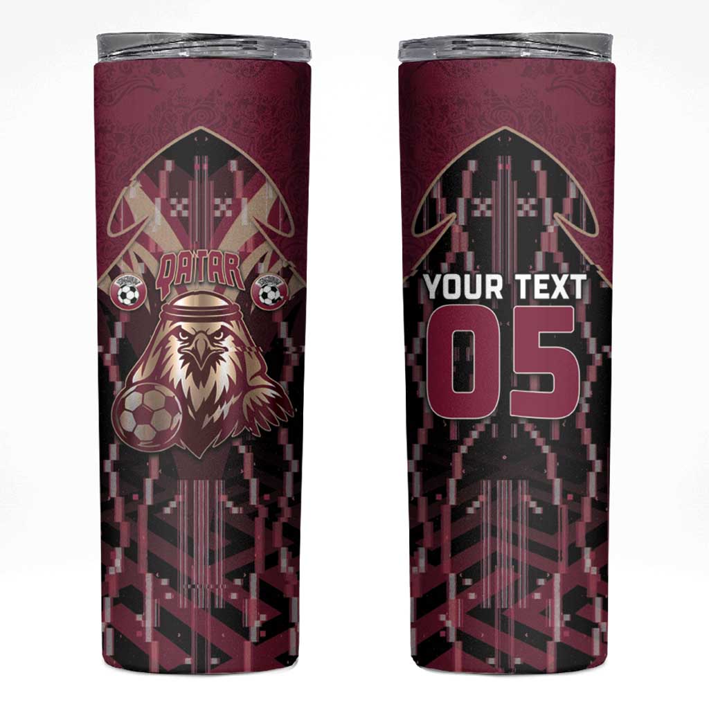 Custom Qatar Football Skinny Tumbler Glitch Style Falcon With Arabic Patterns