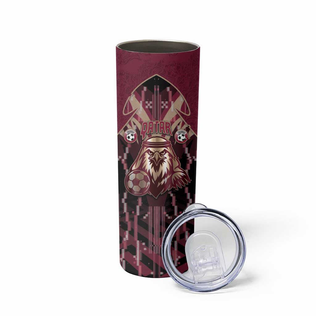 Custom Qatar Football Skinny Tumbler Glitch Style Falcon With Arabic Patterns
