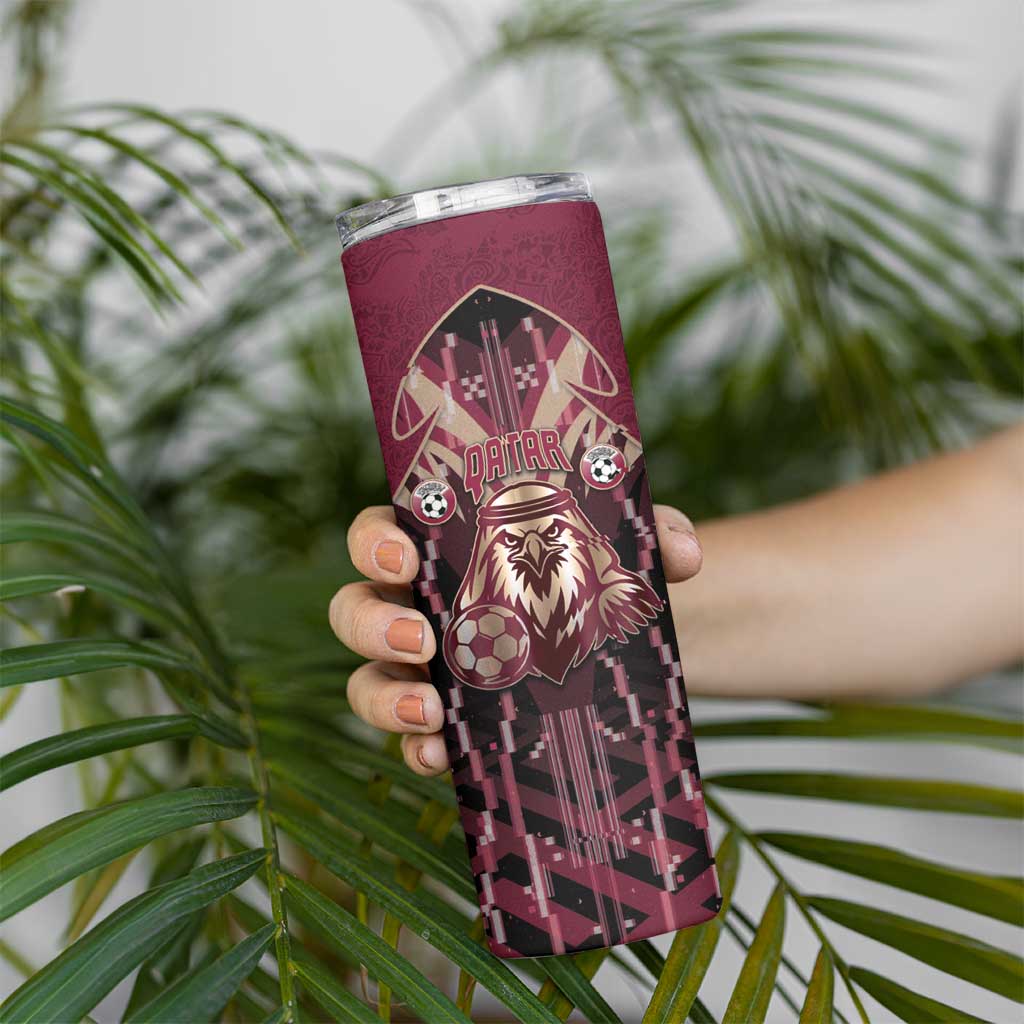Custom Qatar Football Skinny Tumbler Glitch Style Falcon With Arabic Patterns