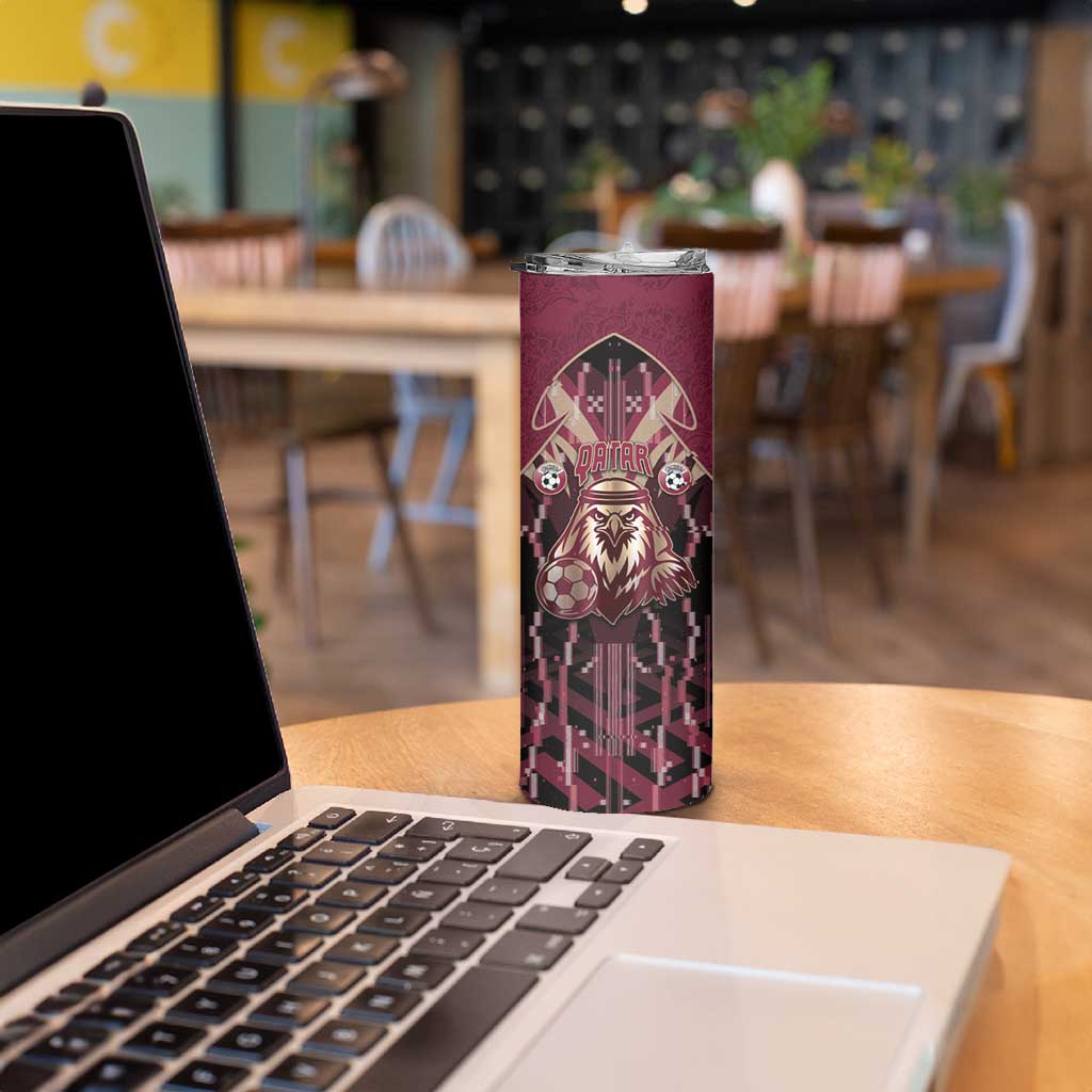 Custom Qatar Football Skinny Tumbler Glitch Style Falcon With Arabic Patterns