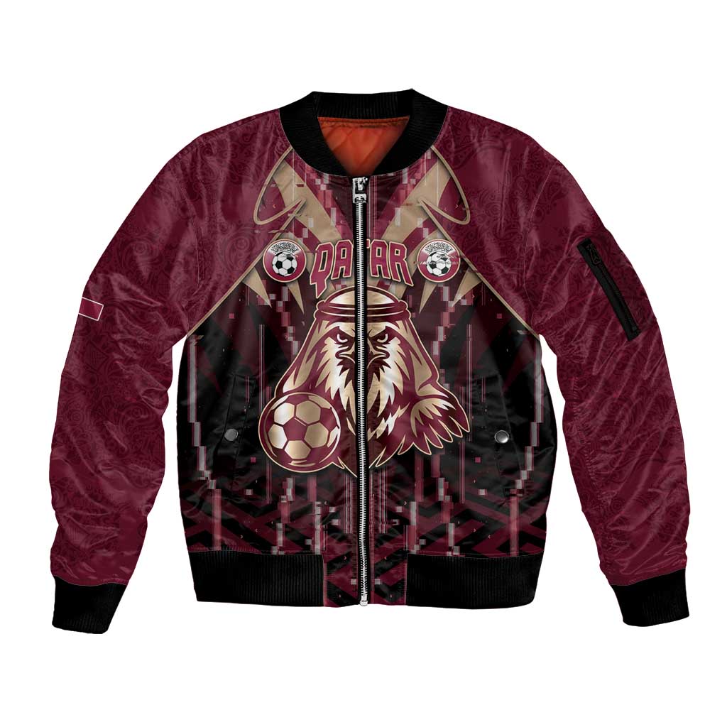 Custom Qatar Football Sleeve Zip Bomber Jacket Glitch Style Falcon With Arabic Patterns