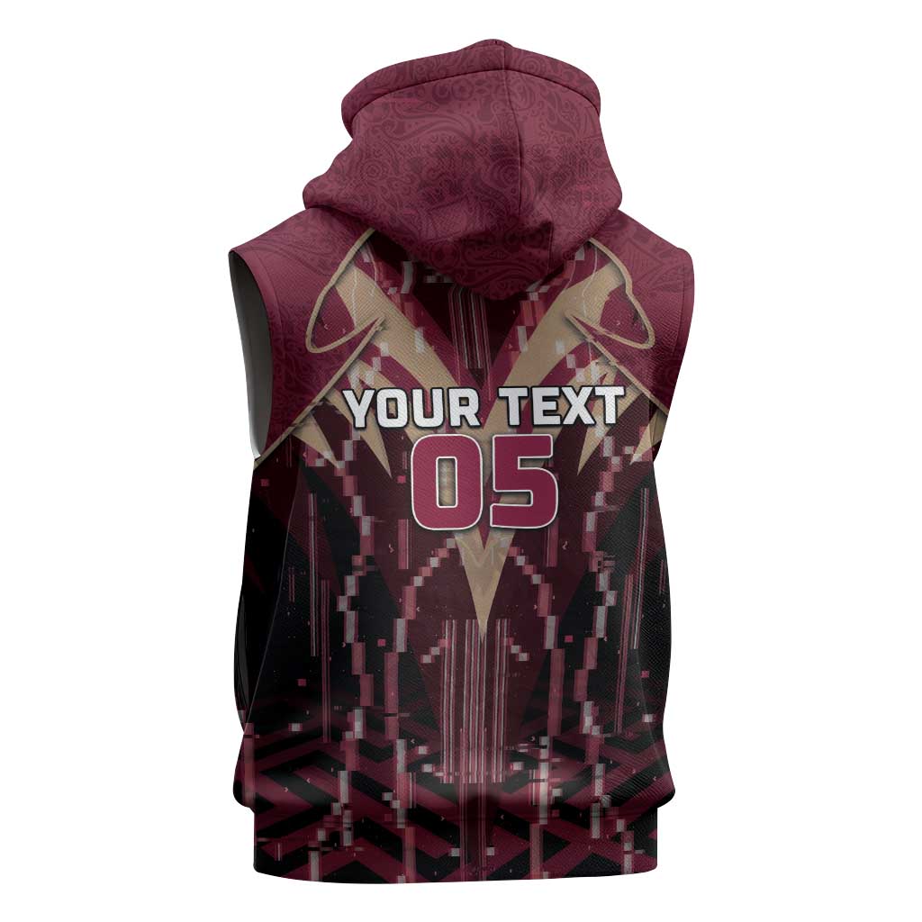 Custom Qatar Football Sleeveless Hoodie Glitch Style Falcon With Arabic Patterns