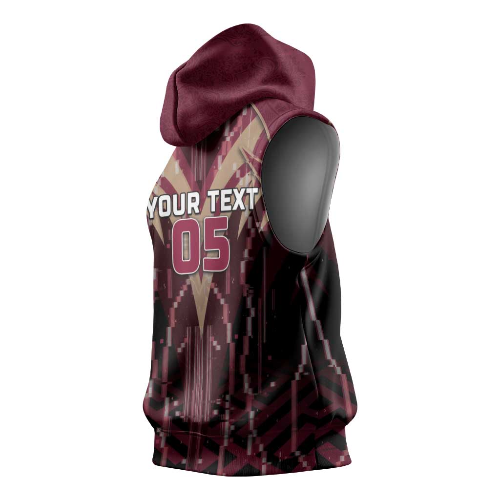 Custom Qatar Football Sleeveless Hoodie Glitch Style Falcon With Arabic Patterns