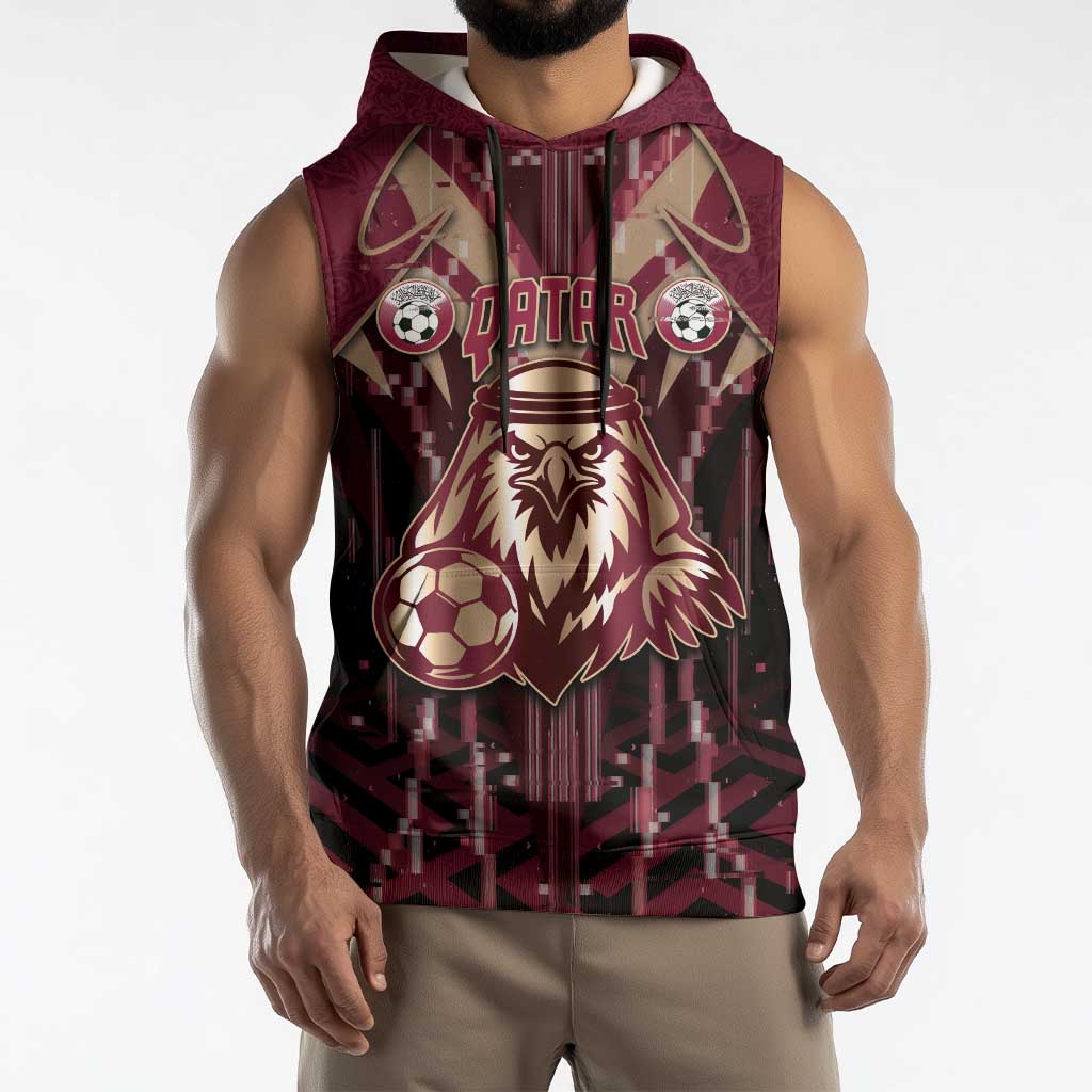 Custom Qatar Football Sleeveless Hoodie Glitch Style Falcon With Arabic Patterns