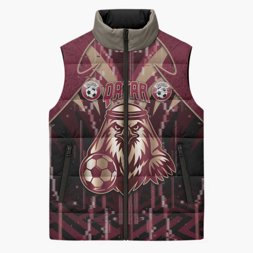 Custom Qatar Football Sleeveless Puffer Jacket Glitch Style Falcon With Arabic Patterns