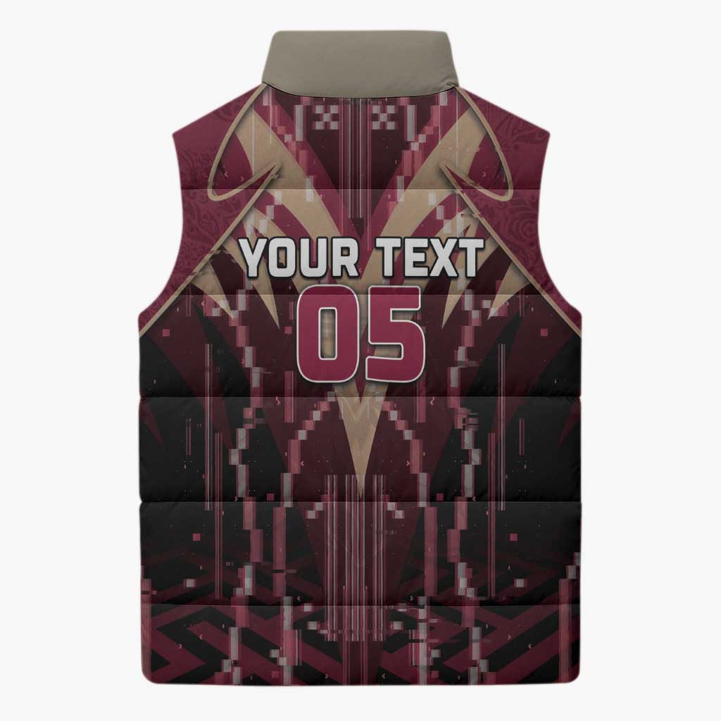 Custom Qatar Football Sleeveless Puffer Jacket Glitch Style Falcon With Arabic Patterns