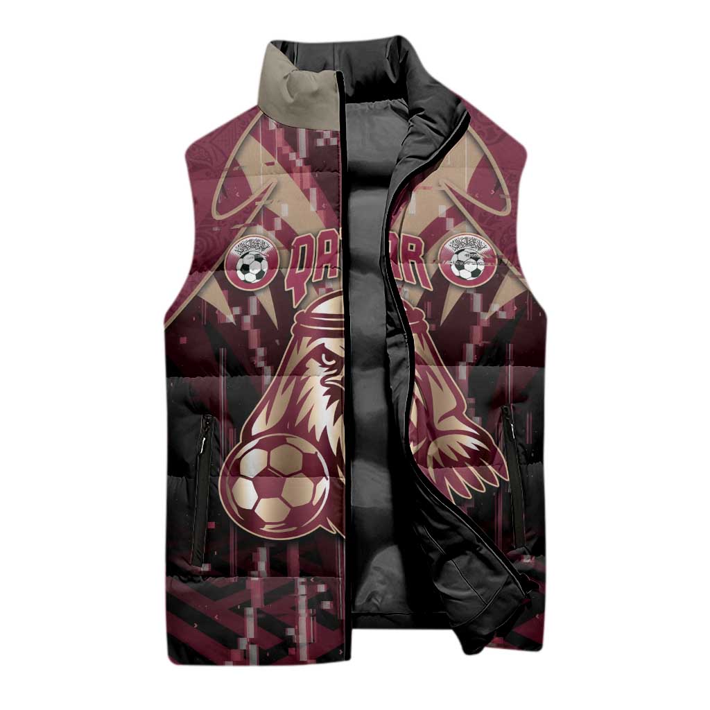 Custom Qatar Football Sleeveless Puffer Jacket Glitch Style Falcon With Arabic Patterns