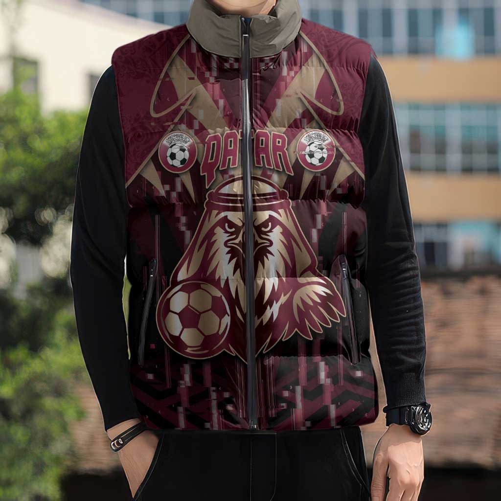 Custom Qatar Football Sleeveless Puffer Jacket Glitch Style Falcon With Arabic Patterns