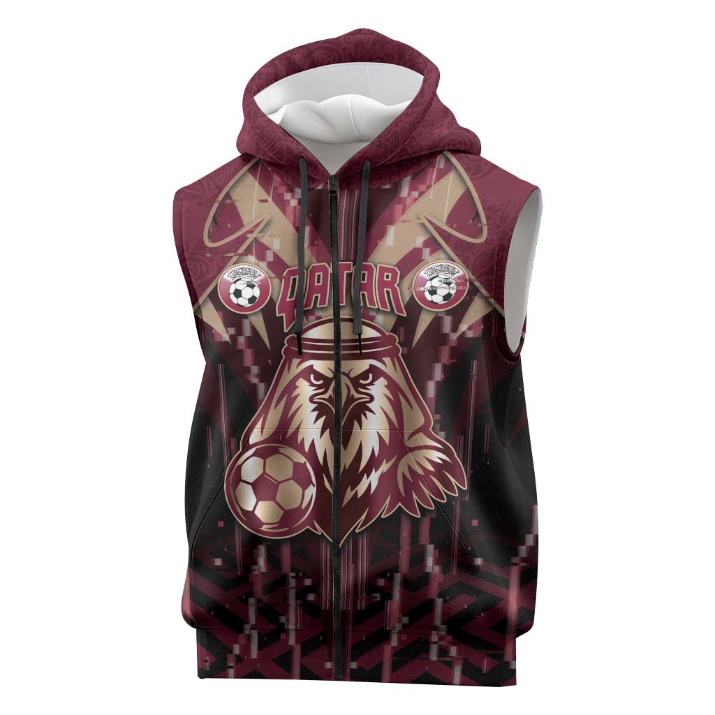Custom Qatar Football Sleeveless Zip Hoodie Glitch Style Falcon With Arabic Patterns