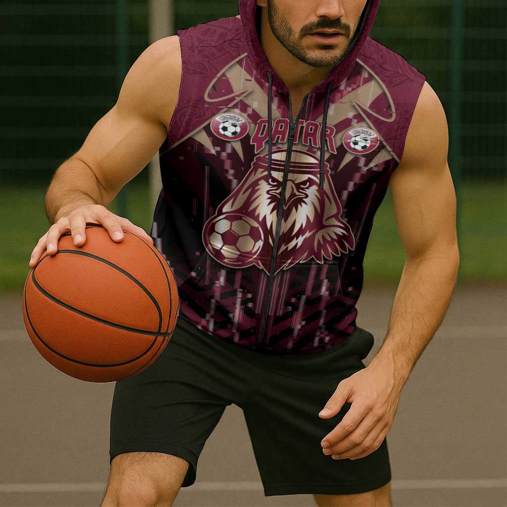 Custom Qatar Football Sleeveless Zip Hoodie Glitch Style Falcon With Arabic Patterns