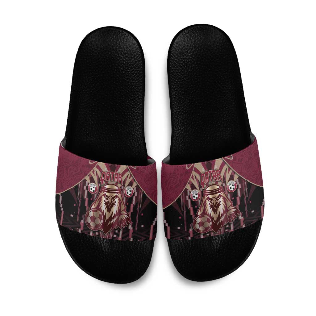 Qatar Football Slide Sandals Glitch Style Falcon With Arabic Patterns