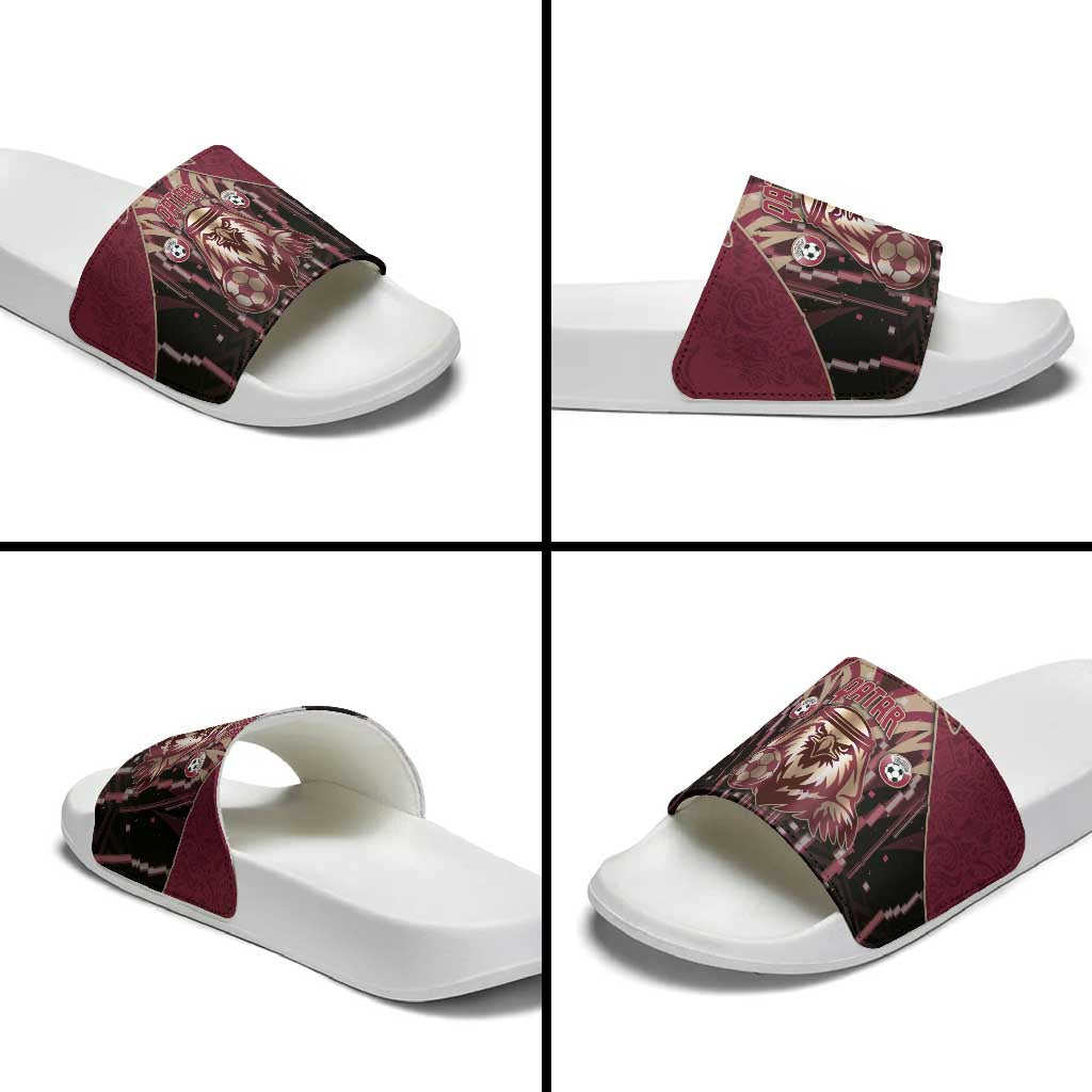 Qatar Football Slide Sandals Glitch Style Falcon With Arabic Patterns