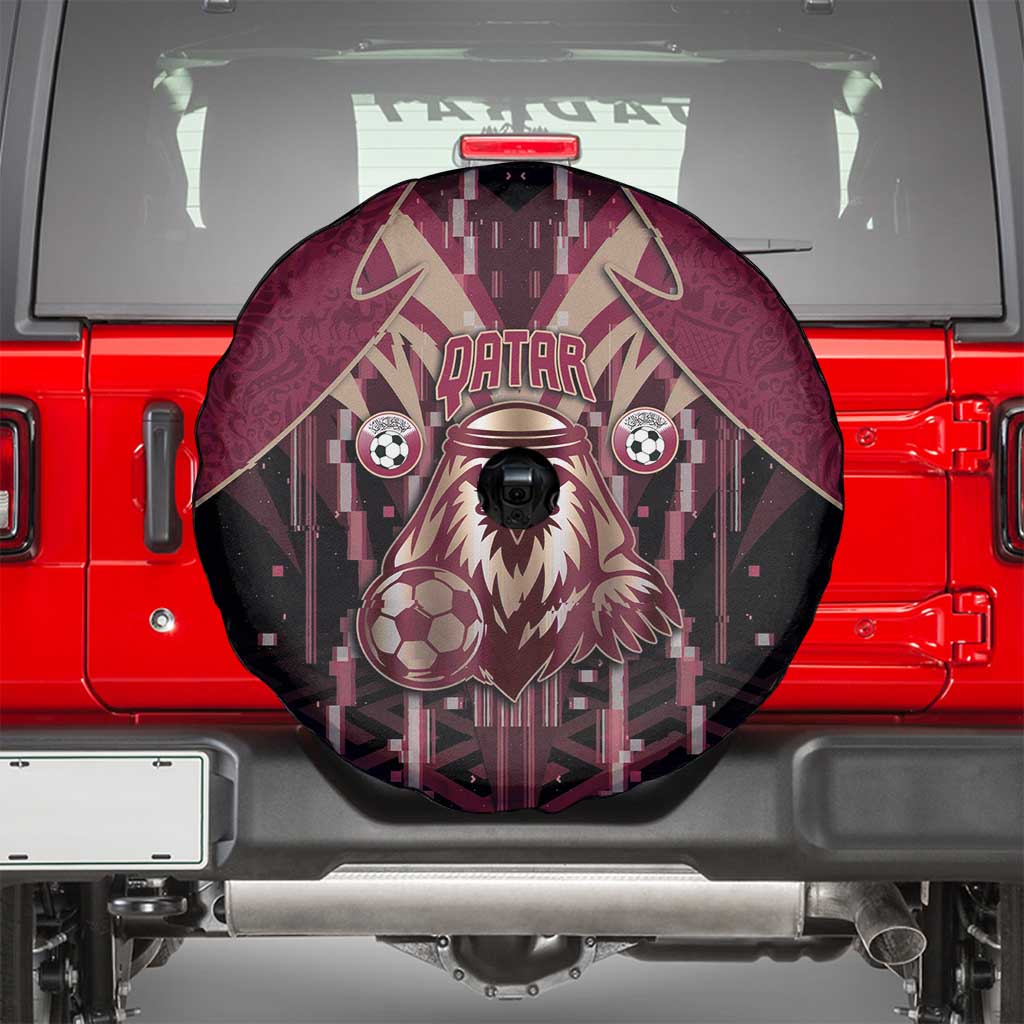 Qatar Football Spare Tire Cover Glitch Style Falcon With Arabic Patterns