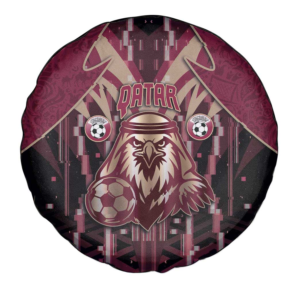 Qatar Football Spare Tire Cover Glitch Style Falcon With Arabic Patterns