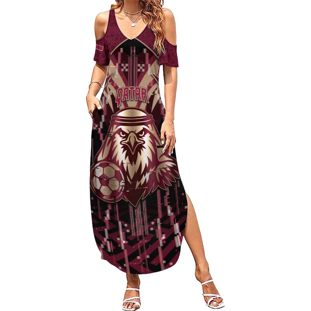 Custom Qatar Football Summer Maxi Dress Glitch Style Falcon With Arabic Patterns