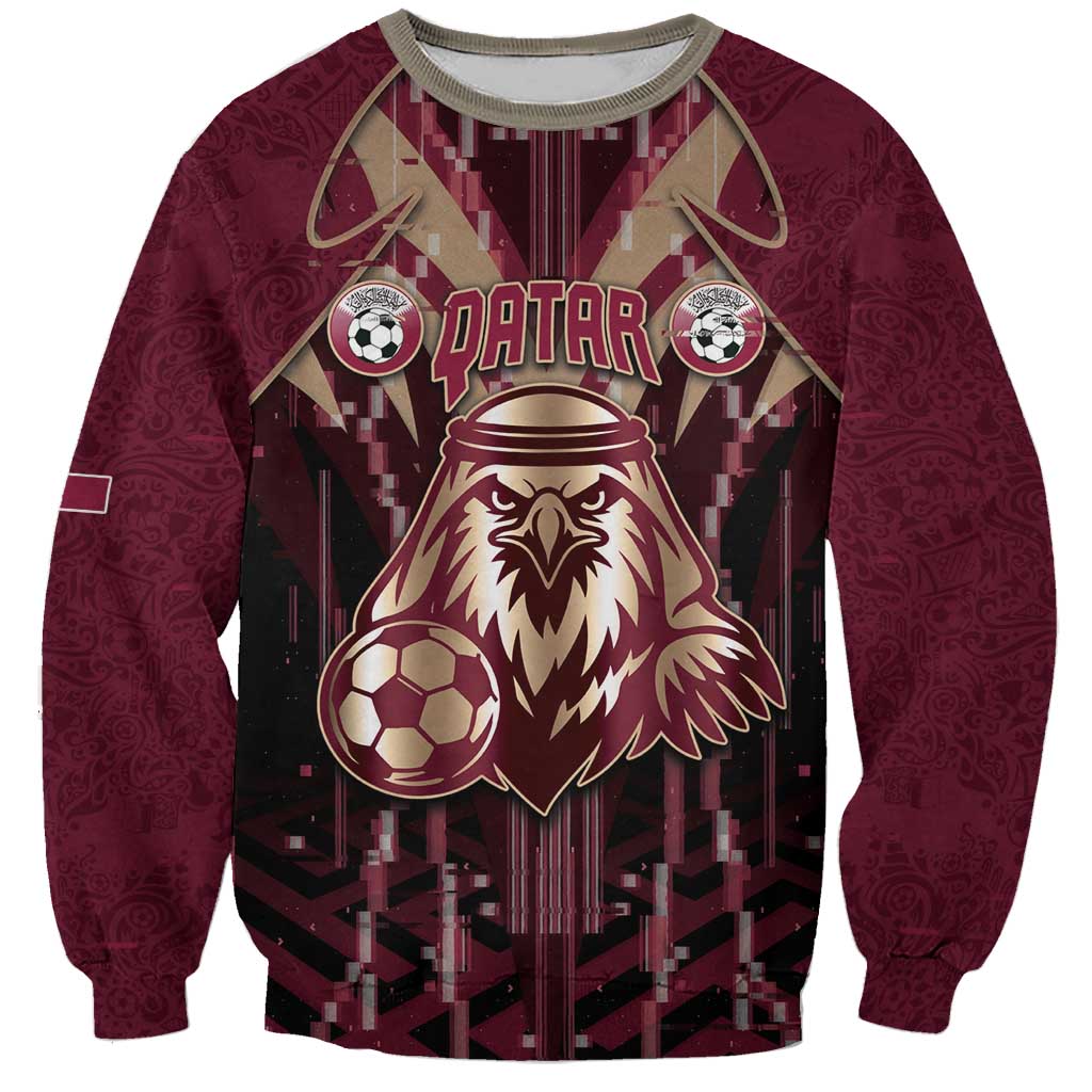 Custom Qatar Football Sweatshirt Glitch Style Falcon With Arabic Patterns
