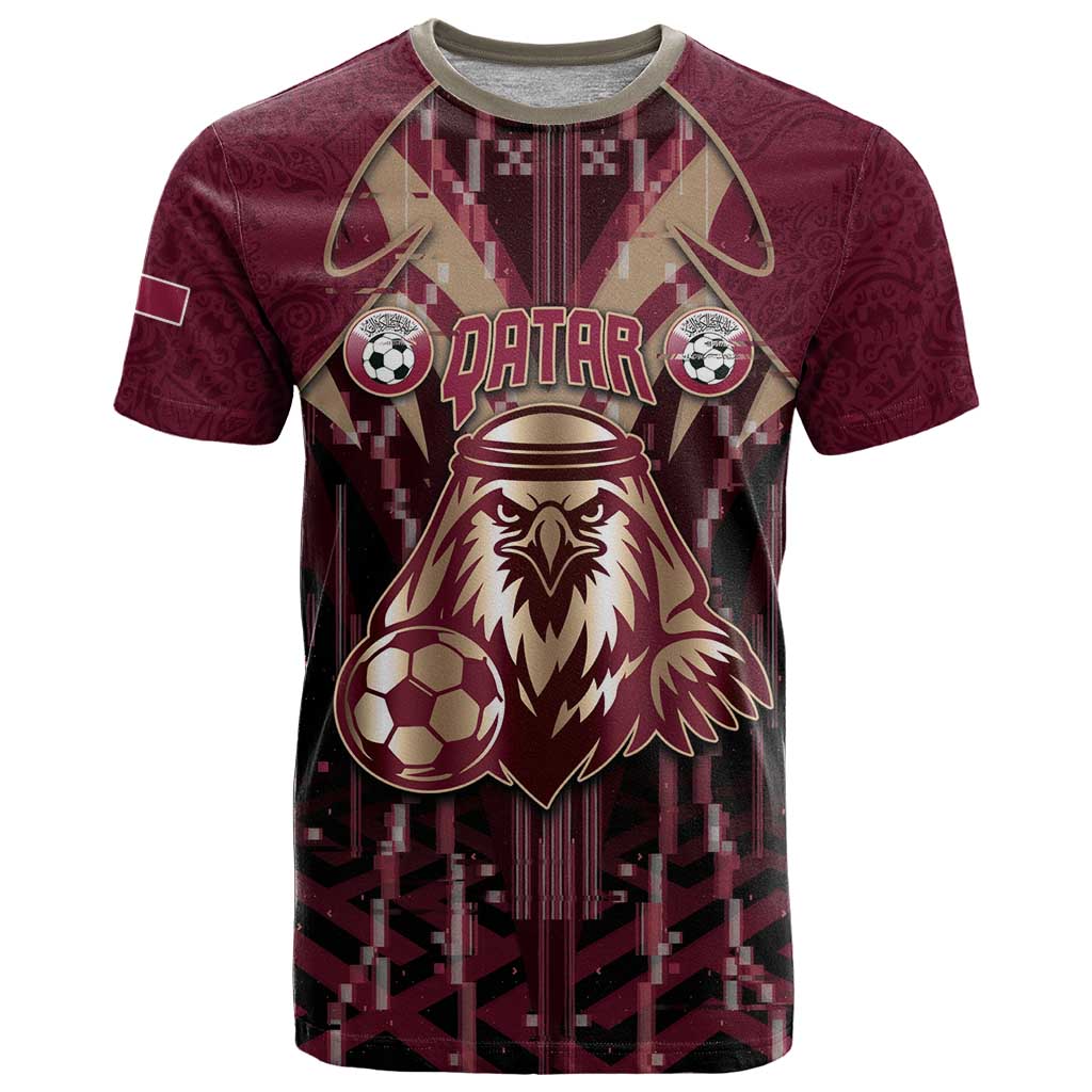 Custom Qatar Football T Shirt Glitch Style Falcon With Arabic Patterns
