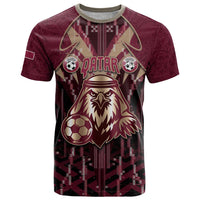 Custom Qatar Football T Shirt Glitch Style Falcon With Arabic Patterns