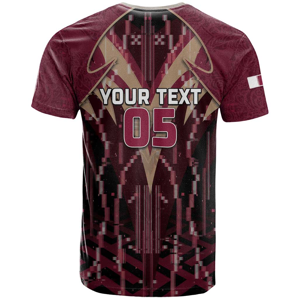 Custom Qatar Football T Shirt Glitch Style Falcon With Arabic Patterns