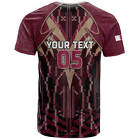 Custom Qatar Football T Shirt Glitch Style Falcon With Arabic Patterns