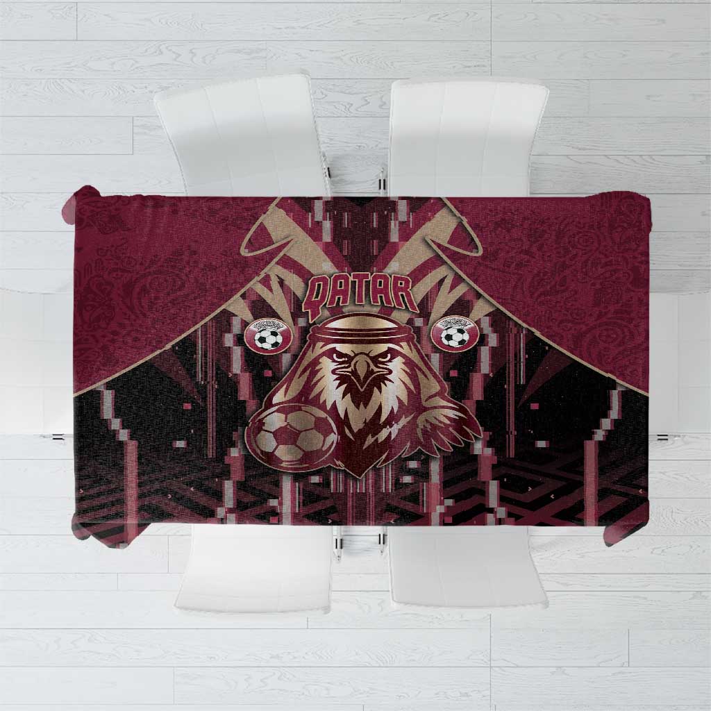 Qatar Football Tablecloth Glitch Style Falcon With Arabic Patterns