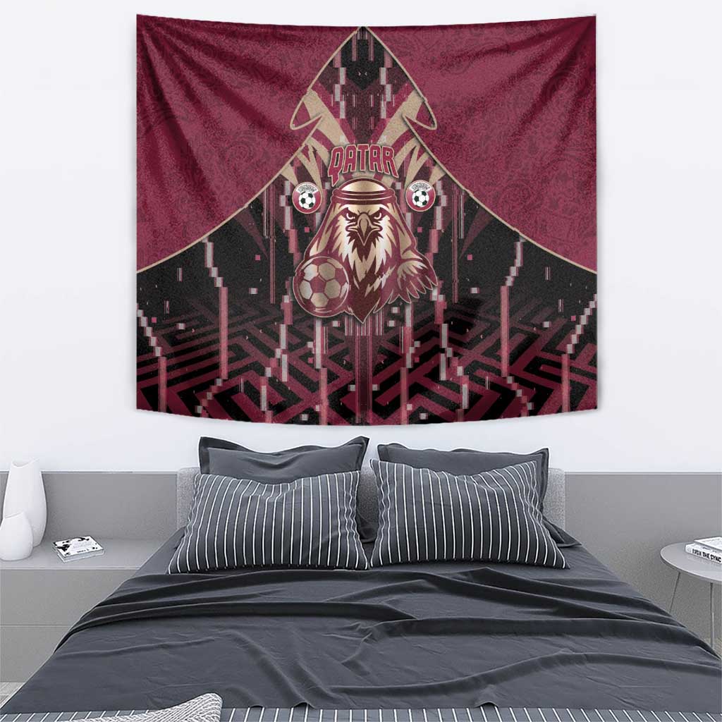 Qatar Football Tapestry Glitch Style Falcon With Arabic Patterns