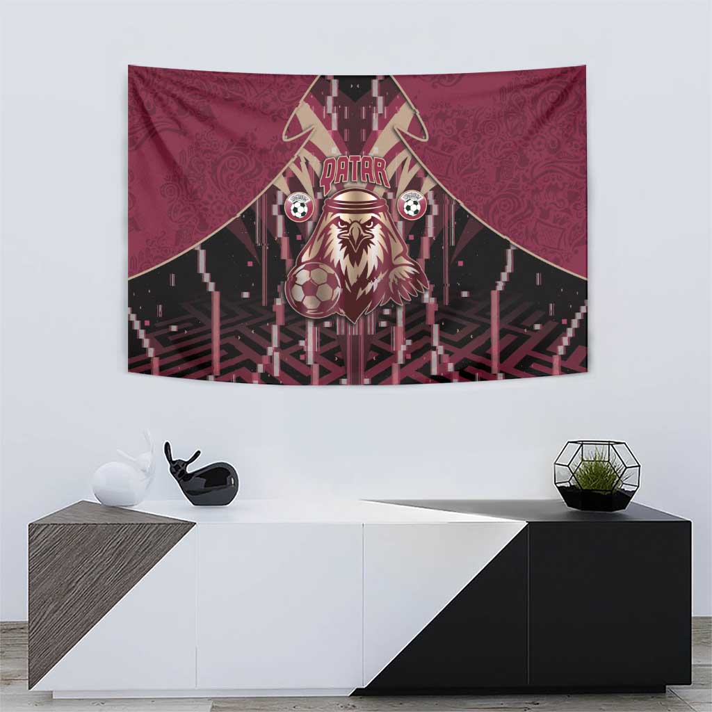 Qatar Football Tapestry Glitch Style Falcon With Arabic Patterns