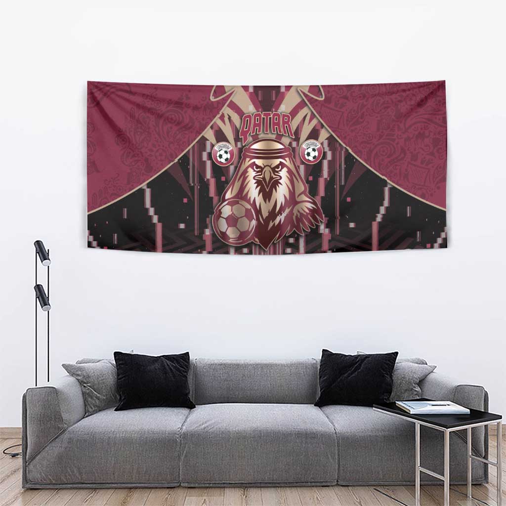 Qatar Football Tapestry Glitch Style Falcon With Arabic Patterns