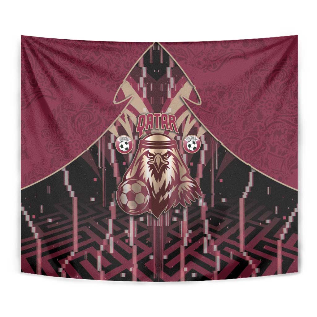 Qatar Football Tapestry Glitch Style Falcon With Arabic Patterns