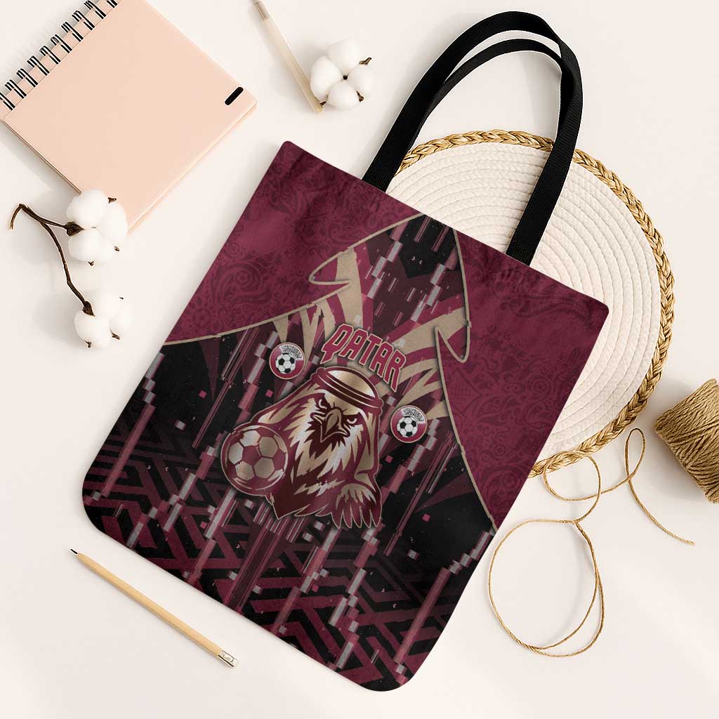 Qatar Football Tote Bag Glitch Style Falcon With Arabic Patterns