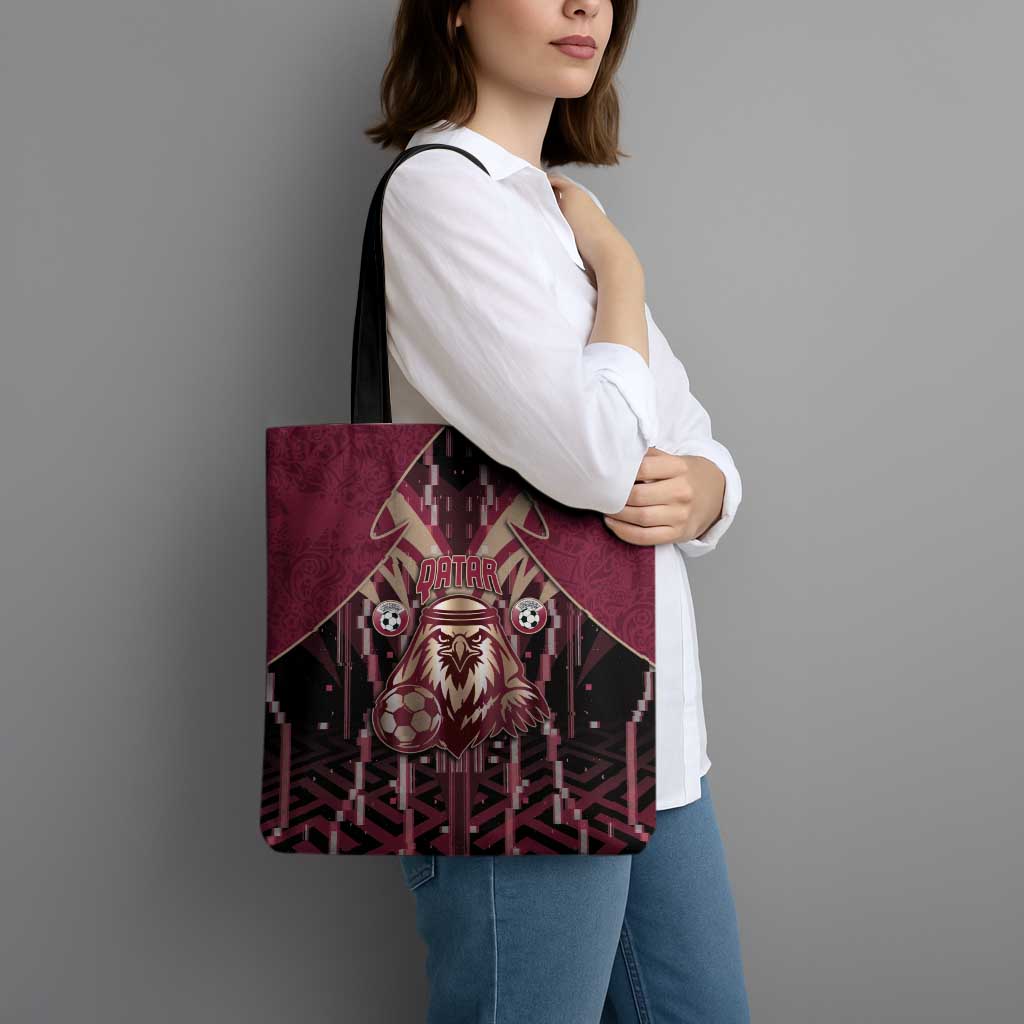 Qatar Football Tote Bag Glitch Style Falcon With Arabic Patterns