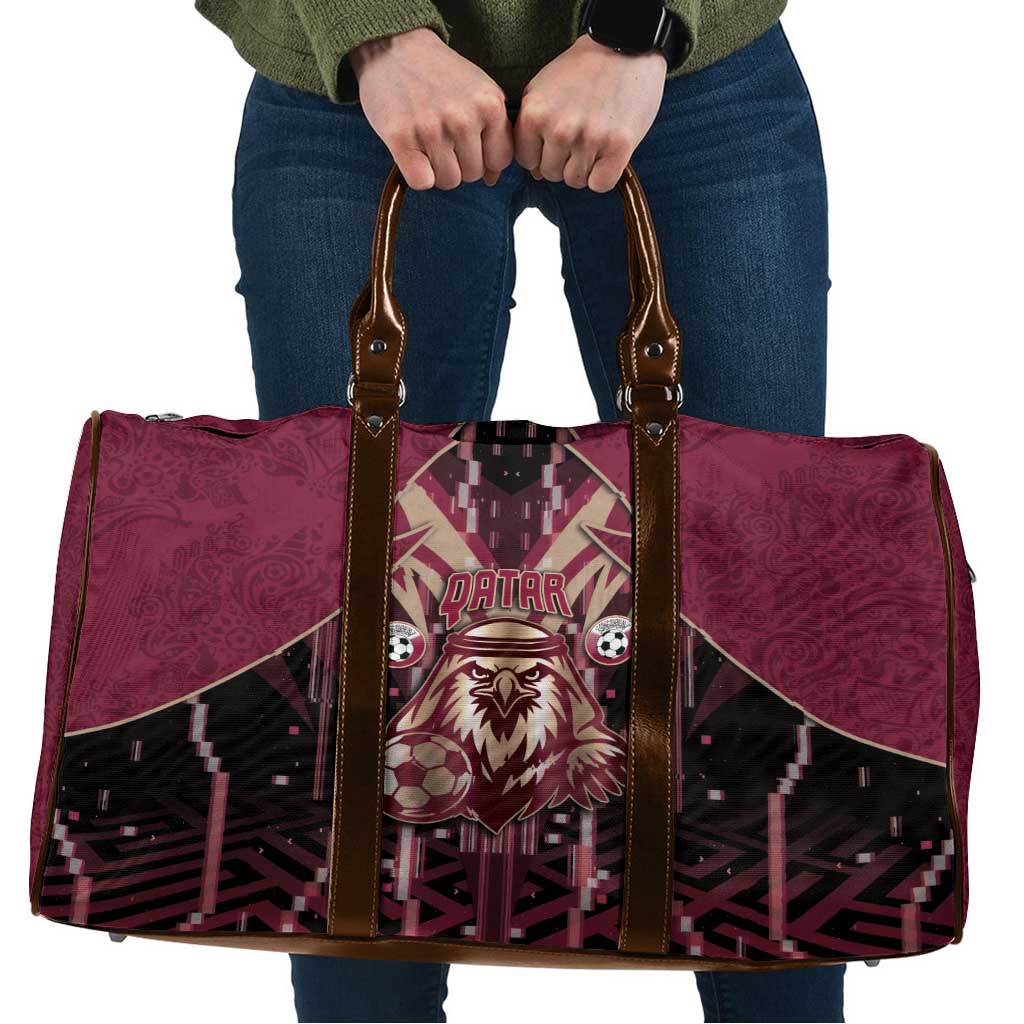 Qatar Football Travel Bag Glitch Style Falcon With Arabic Patterns