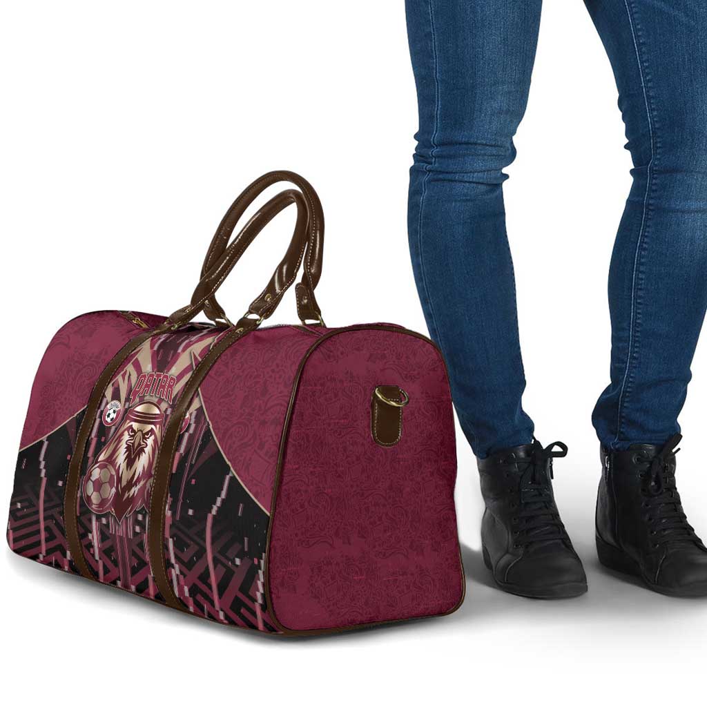 Qatar Football Travel Bag Glitch Style Falcon With Arabic Patterns