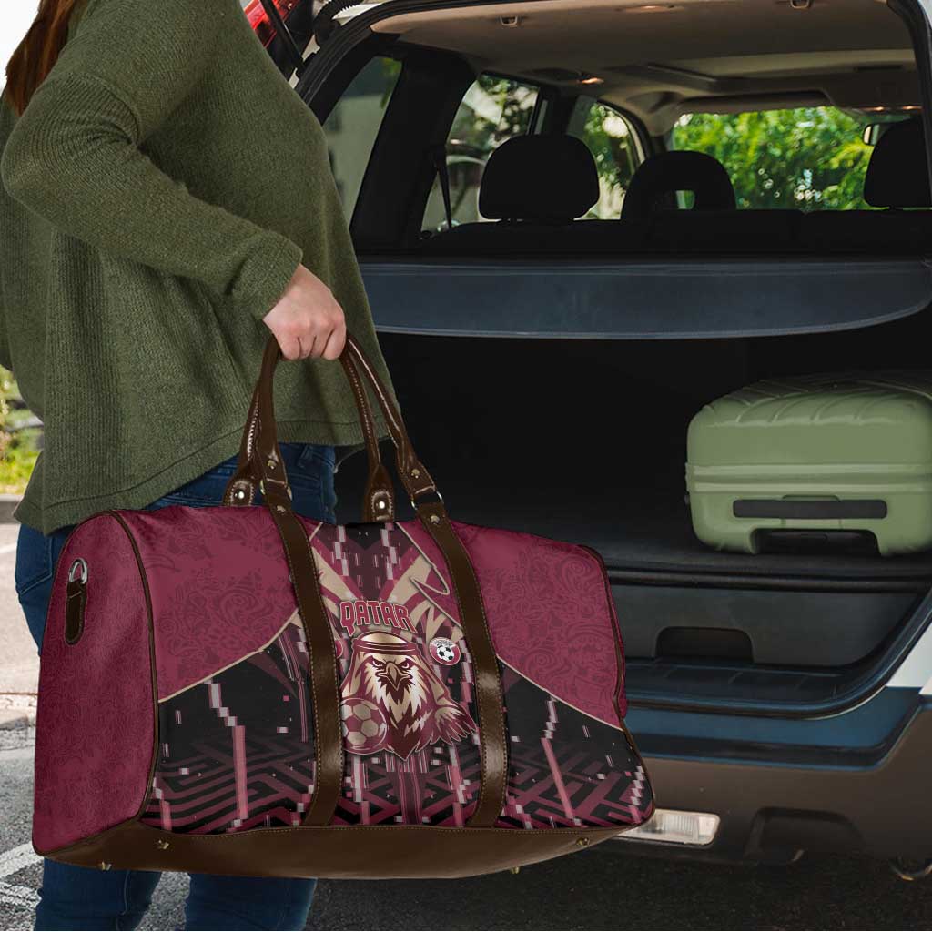 Qatar Football Travel Bag Glitch Style Falcon With Arabic Patterns