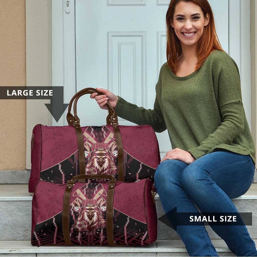 Qatar Football Travel Bag Glitch Style Falcon With Arabic Patterns