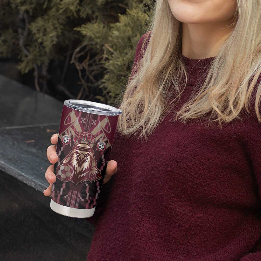 Custom Qatar Football Tumbler Cup Glitch Style Falcon With Arabic Patterns