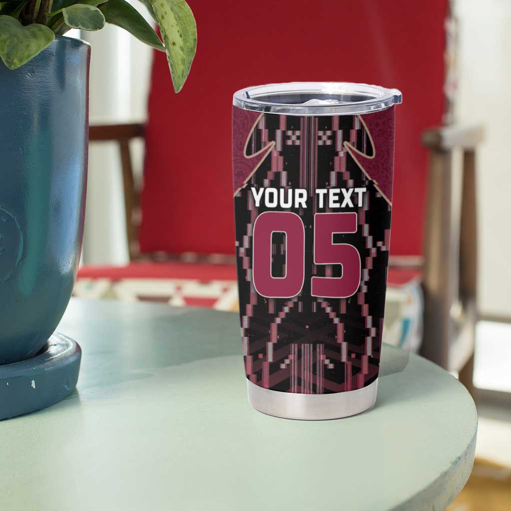 Custom Qatar Football Tumbler Cup Glitch Style Falcon With Arabic Patterns