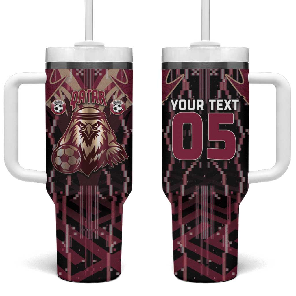 Custom Qatar Football Tumbler With Handle Glitch Style Falcon With Arabic Patterns
