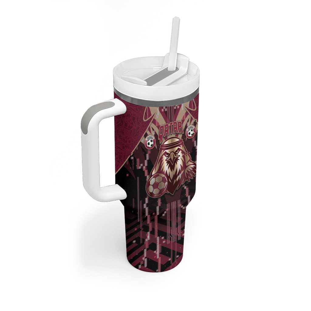 Custom Qatar Football Tumbler With Handle Glitch Style Falcon With Arabic Patterns