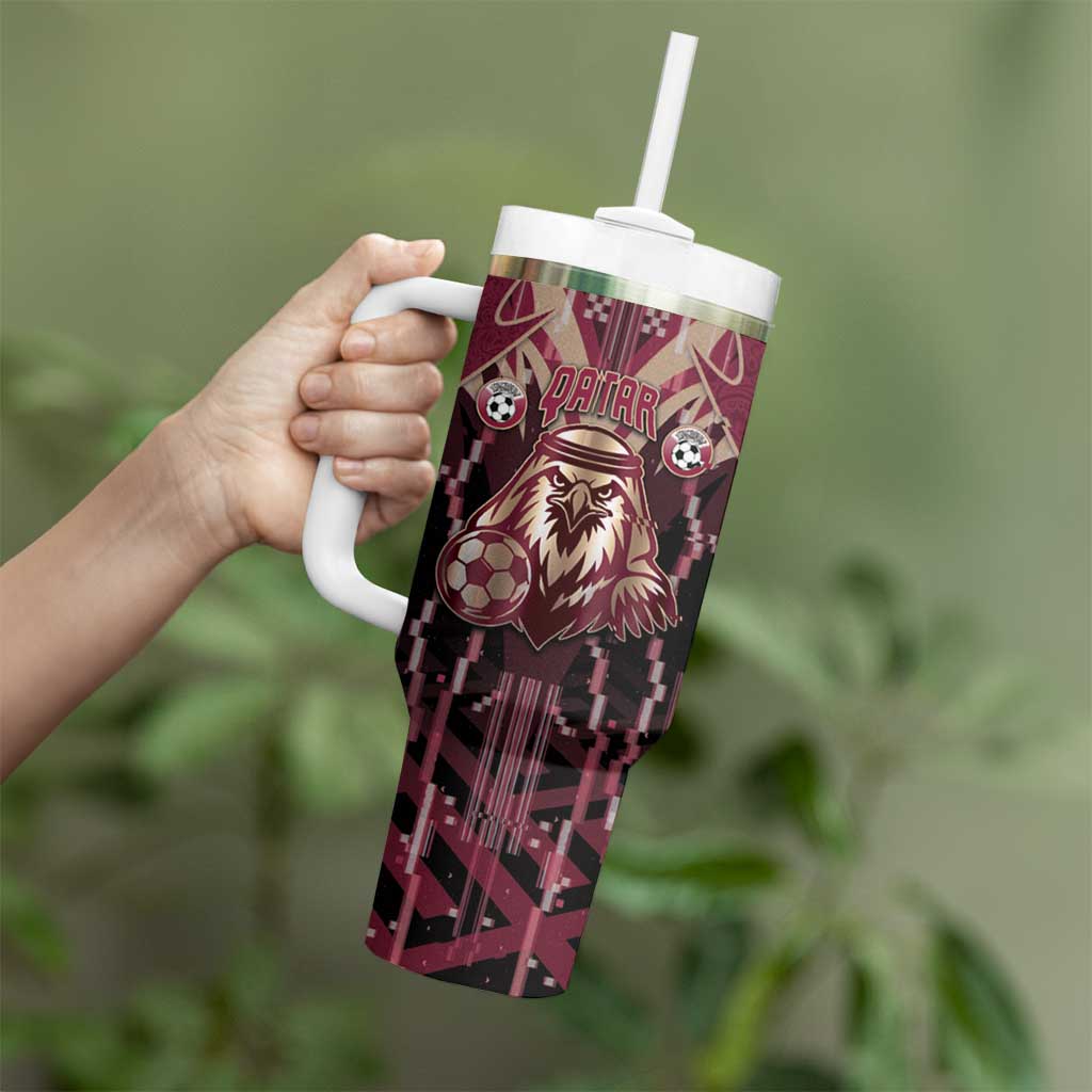 Custom Qatar Football Tumbler With Handle Glitch Style Falcon With Arabic Patterns