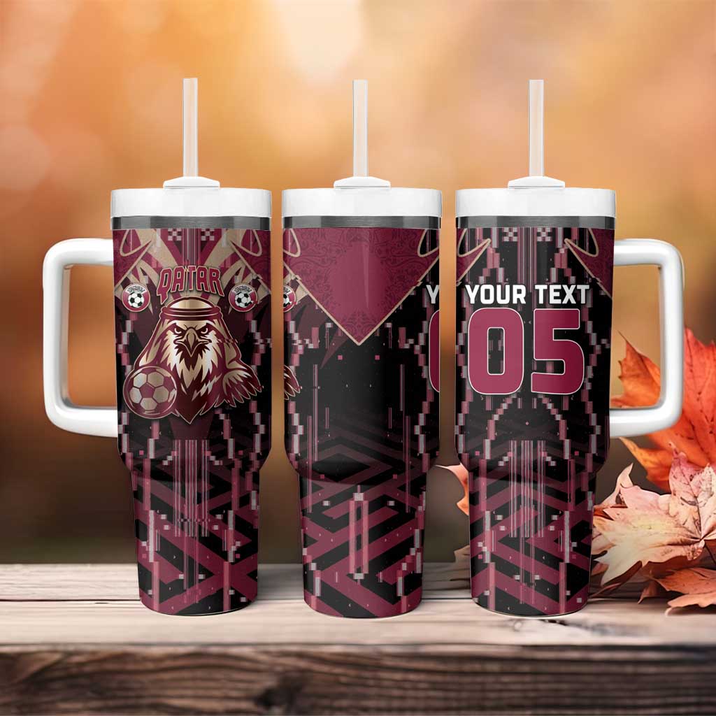 Custom Qatar Football Tumbler With Handle Glitch Style Falcon With Arabic Patterns