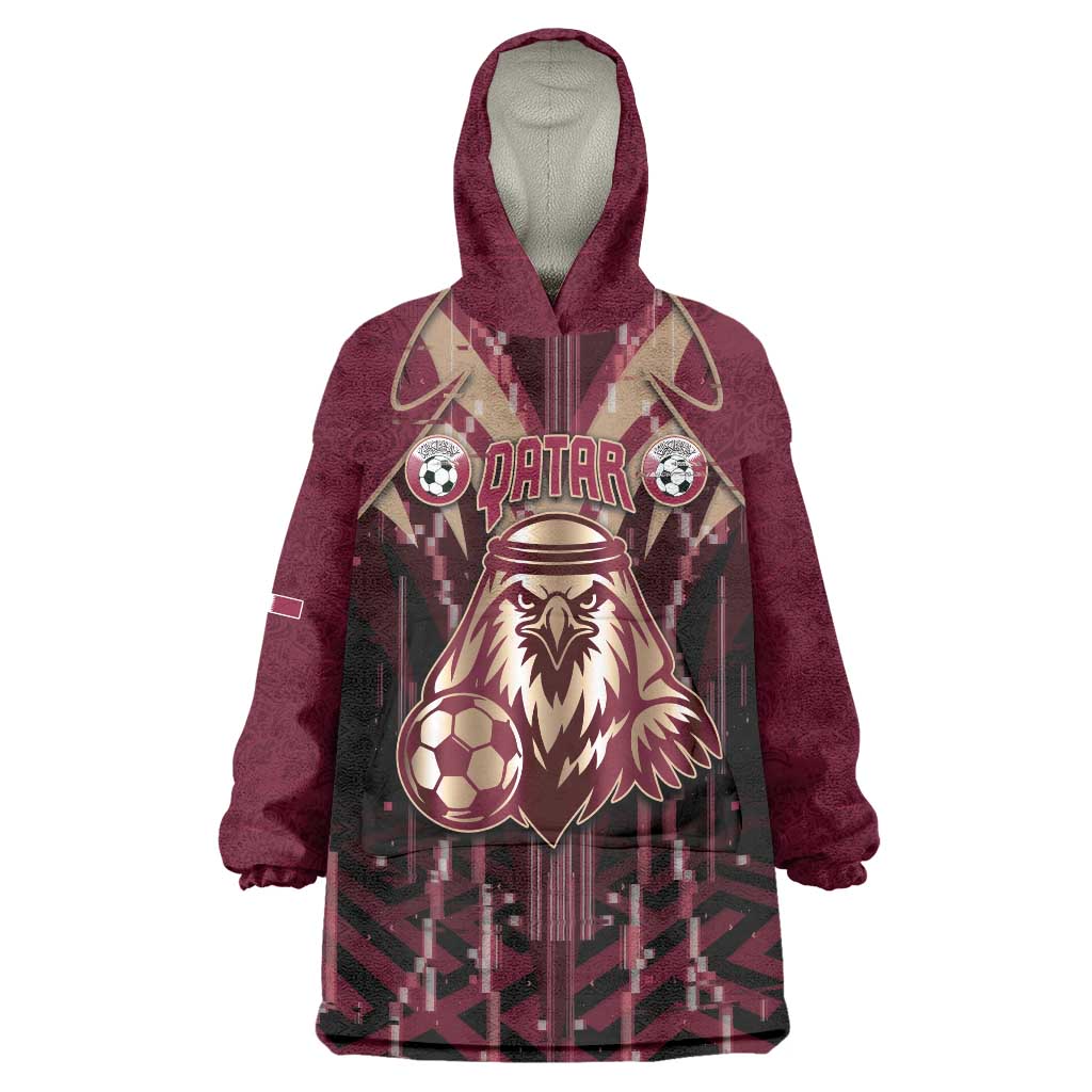Custom Qatar Football Wearable Blanket Hoodie Glitch Style Falcon With Arabic Patterns