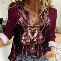 Custom Qatar Football Women Casual Shirt Glitch Style Falcon With Arabic Patterns