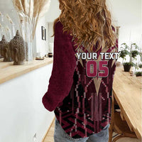 Custom Qatar Football Women Casual Shirt Glitch Style Falcon With Arabic Patterns