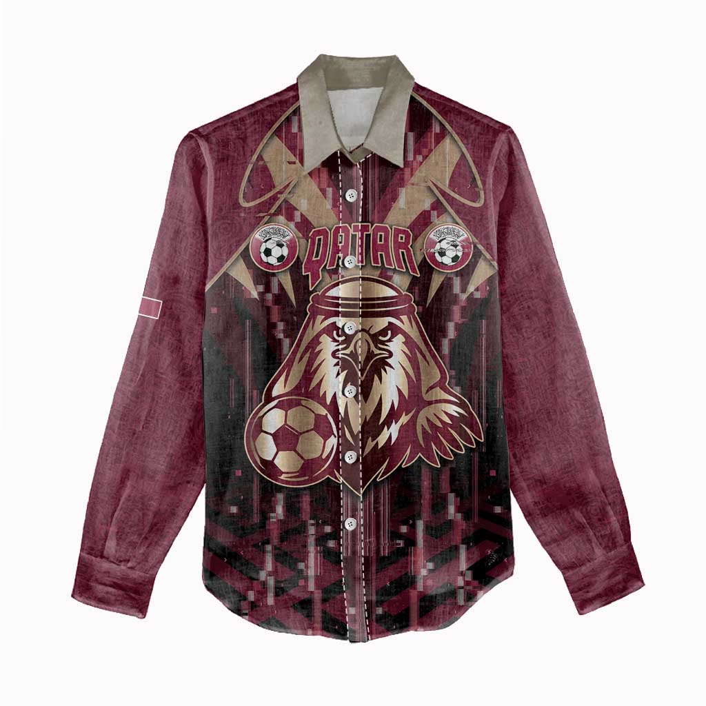 Custom Qatar Football Women Casual Shirt Glitch Style Falcon With Arabic Patterns