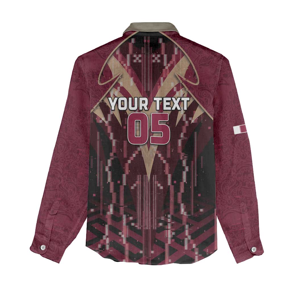 Custom Qatar Football Women Casual Shirt Glitch Style Falcon With Arabic Patterns