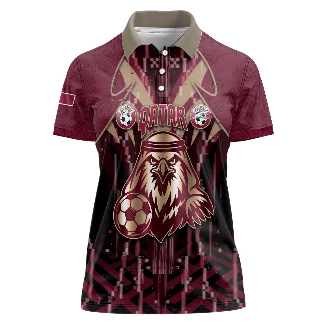 Custom Qatar Football Women Polo Shirt Glitch Style Falcon With Arabic Patterns