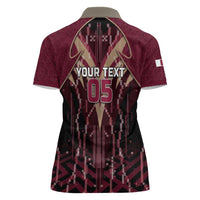 Custom Qatar Football Women Polo Shirt Glitch Style Falcon With Arabic Patterns